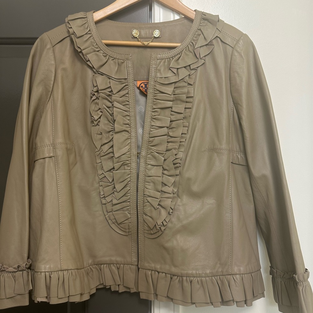 Tory Burch Taupe Lightweight Leather Jacket with Ruffle Accents